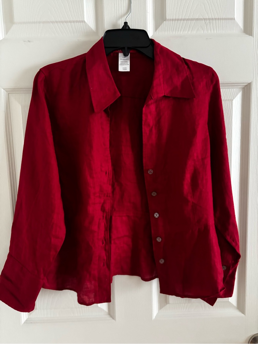 Anne Klein Deep Red Button-Front Collared Blouse 100% Linen